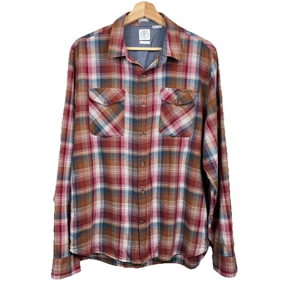 Volcom Shirt Mens Large Red Browning Sleeve Plaid Classic Fit Lumberjack Skater - Picture 1 of 11